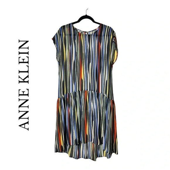 1911. ANNE KLEIN STRIPED SHORT SLEEVE COVERUP/OVERLAY DRESS HI LOW BOTTOM‎ SZ 10 - Picture 1 of 7